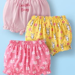 Babyhug 100% Cotton Single Jersey Knit Bloomers With Floral & Bunny Print Pack Of 3 - Yellow & Pink-image-101