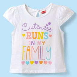 Babyhug Cotton Knit Frill Sleeves T-Shirt With Runs In the Family Text Print - White-image-51