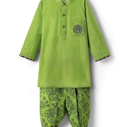 Babyoye Cotton Woven Full Sleeves Kurta Dhoti Set With Floral Print & Embroidery - Green-picture-28
