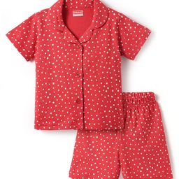 Babyhug Cotton Knit Half Sleeves Shorts Co-Ord Night Suit With Polka Dot Print - Red-image-50