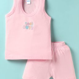 Tango Single Jersey Knit Text Printed Vest & Knee Length Shorts - Pink-image-58