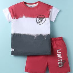 CUCUMBER Sinker Knit Half Sleeves T-Shirt & Short Set With Text Print - Red-picture-3
