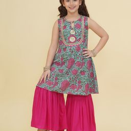 Bitiya By Bhama Cotton Woven Sleeveless Floral Printed Gota Lace Embellished Kurta Sharara Set - Blue-image-82