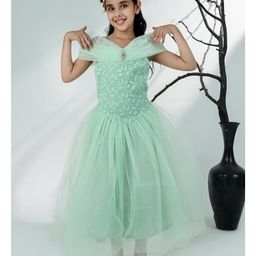 AJ Dezines Cotton Woven Cold Shoulder Sleeves Leaves Embroidered Gown With Brooch - Sea Green-image-10