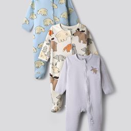 Bonfino 100% Cotton Knit Full Sleeves Footed Sleepsuits with Animal Print Pack of 3 - Grey Light Blue & White-picture-11