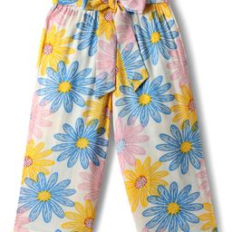 CrayonFlakes Rayon Knit Floral Printed Belted Palazzo - Off White-picture-15