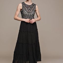 Label Ritu Kumar Black & White Ethnic Motifs Georgette A-Line Maxi Dress-image-57