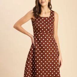 Moomaya Brown & White Polka Dot A Line Dress-image-96