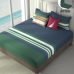 Nautica Ocean View Green & Blue Cotton Striped 160 TC King Fitted Bedsheet with 2 Pillow Covers-image-17