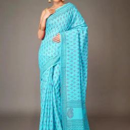Unnati Silks Blue Cotton Printed Saree With Unstitched Blouse-image-52