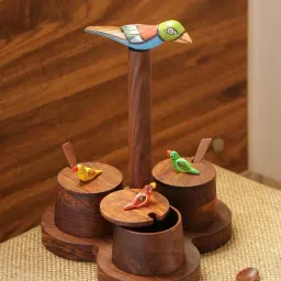 ExclusiveLane 'The Perched Family' Jar Set With Tray & Spoons In Sheesham Wood-image-36