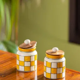ExclusiveLane 'Shatranj Check' Hand-painted Storage Jars (Non-airtight, Set of 2, 500 ML, 5.2 Inch)-1