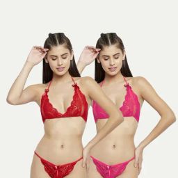 AROUSY Red & Pink Self Pattern Lingerie Set-image-70