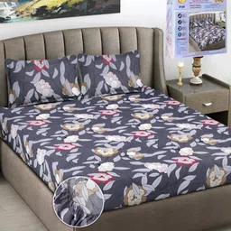 FABINALIV Navy Blue & Pink Floral 300 TC King Bedsheet with 2 Pillow Covers-image-22