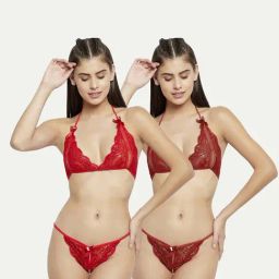 AROUSY Red & Maroon Self Pattern Lingerie Set-image-66
