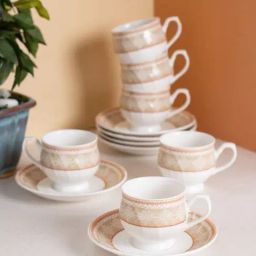JCPL Fine Printed Beige Ceramic Cup & Saucer 180 ml - Set of 12-10