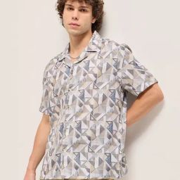 The Bear House Beige Polyester Regular Fit Geometric Casual Shirt-image-96