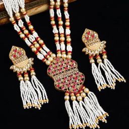 Panash Woman Gold Plated Red Stones & Pearls Mala Handcrafted Jewellery Set-18