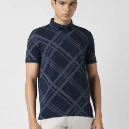 Van Heusen Navy Cotton Regular Fit Checks Polo T-Shirt-image-98