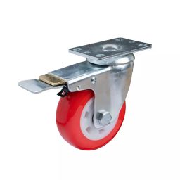 Muvall Castor Wheel Red Polyuretahane (PU) With Zinc Plated Pressed Mild Steel Castor Brake Type 100 mm Dia. x 36 mm Width, PSTM B 100 36 NPUB-image-48
