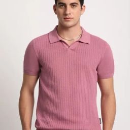 The Bear House Pink Cotton Regular Fit Self Pattern Polo T-Shirt-image-80