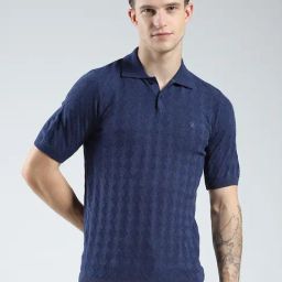 Monte Carlo Navy Blue Cotton Blend Regular Fit Self Design Polo T-Shirt-picture-18