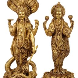 Exotic India Gold-Toned Lord Vishnu Idol Standing On Sheshnag With Lakshmi Ji Showpiece-image-7