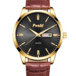 Poshi Men Round Dial Genuine Leather Strap Watch with Adjustable Clasp-16