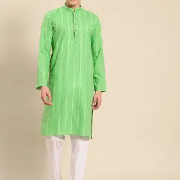 RAJUBHAI HARGOVINDAS Men Green Striped Pure Cotton Kurta-picture-35