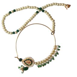 MK Gallery Rajputi Nath With Chain Gold Plated Green Pearls Nose Ring image 1