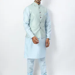 Ethluxis Mandarin Collar Jacquard Dupion Silk Kurta With Churidar & Nehru Jacket-image-47