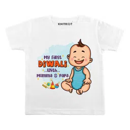 KNITROOT My First Diwali With Mumma & Pappa Print Tee - White-picture-7