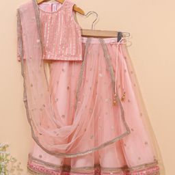 Babyhug Sleeveless Embellished Choli & Lehenga Set With Dupatta - Peach-image-52