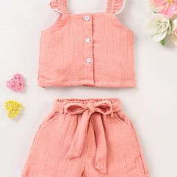 Mark & Mia Sleeveless Top & Shorts with Belt Solid Color - Peach-image-64