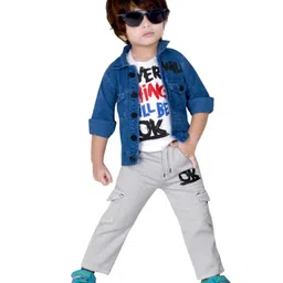 DOTSON Full Sleeves Everything Will Be Ok Back Printed Jacket With Half Sleeves Text Printed Tee And Jeans - Blue-picture-13
