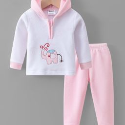 Kookie Kids Full Sleeves Winter Wear Hoodie & Lounge Pant Set with Elephant Embroidery - Pink & White-image-58