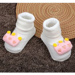 Baby Moo 3D Royal Crown Applique Detailed  Anti Skid Socks - White-image-2