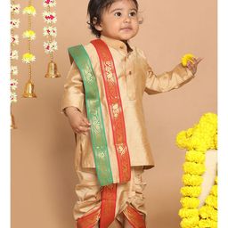 VASTRAMAY SISHU Full Sleeves Solid K Kurta Dhoti And Foil Laced Printed Dupatta - Rose Gold-image-94