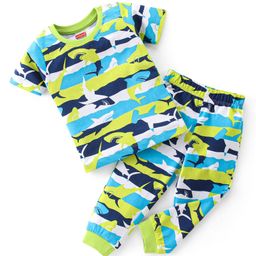 Babyhug Single Jersey Knit Half Sleeves Night Suit Shark Print - Multicolour-image-88