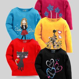 KUCHIPOO Pack Of 5 Full Sleeves Girl Heart & Text Printed Tees - Multi Colour-image-48