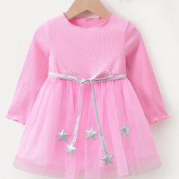Kookie Kids Full Sleeves Textured Solid Frock with Star Applique - Pink-image-37