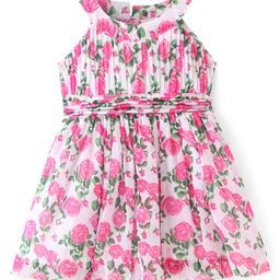 Babyhug Woven Sleeveless Pleated Frock Floral Print - White-image-94