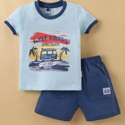 Teddy Sinker Knit Half Sleeves T-Shirt & Shorts Set with Beach Theme - Blue-picture-8