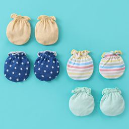Ben Benny Interlock 100% Cotton Knit Striped Stars Printed & Solid Color Mittens Pack of 4 - Blue Green & Cream-picture-19