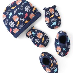 Babyhug 100% Cotton Knit Cap Mittens & Booties Set Shark Print - Navy Blue-image-100