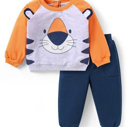 doodle poodle Doodle PoodleLight Weight Looper Cotton KnitFull Raglan Sleeves T-Shirt & Track Pant Set with Lion Print - Orange Grey & Navy Blue-picture-11