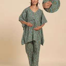 Ikk Kudi by Seerat Cotton Woven Three Fourth Batwing Sleeves Abstract Motif Printed Kaftan Top With Zipper Nursing Access & Pant Set - Green-picture-21