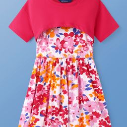 Pine Kids Cotton Knit Floral Printed Frock With Half Sleeves Solid Colour Shrug - Dark Pink-image-57