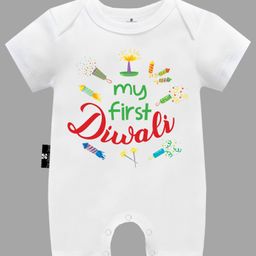 The Peppy Tend Diwali Theme 100% Cotton Half Sleeves My First Diwali Text Printed Half Romper - White-picture-19