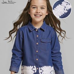 Arias Cotton Woven Full Sleeves Medium Wash Top with Floral Embroidery - Navy Blue-image-75